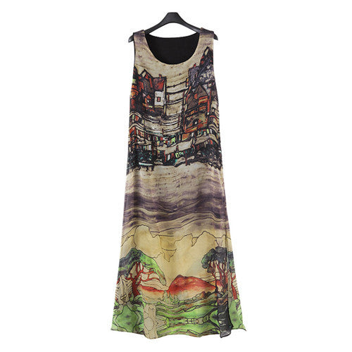 New Arrival Summer Women Dress Fashion Vintage Print O Neck Sleeveless Beach Dress Side Split Bohemian Vestidos Plus Size 71233 GS