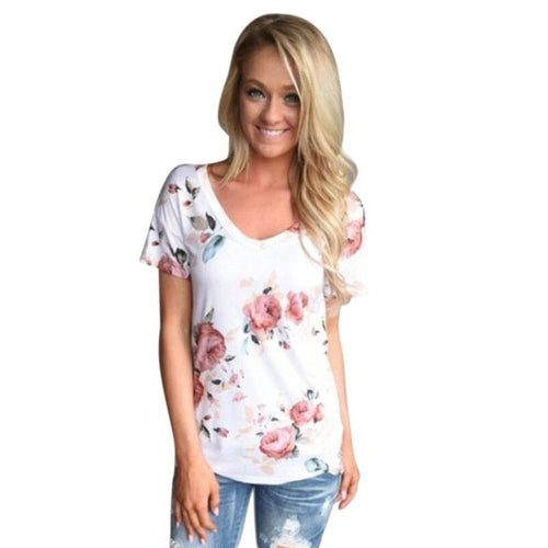 New Arrival Women  Short Sleeve Ladies T shirt Casual Floral Print Tees TopsV Neck T-shirt Femme camisas femininas #23 GS