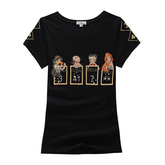 New Arrival Women T ShirtCarton Print O-Neck Short Sleeve Summer Women t-shirt Fashion Women Diamond Bling Tops Plus Size 71905 GS