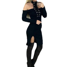 New Desgin Halter Lacing Up Sexy Dress Women Black Bandage Ladies Slim Bodycon Long Sleeve Club Party Mini Dresses #1214 GS