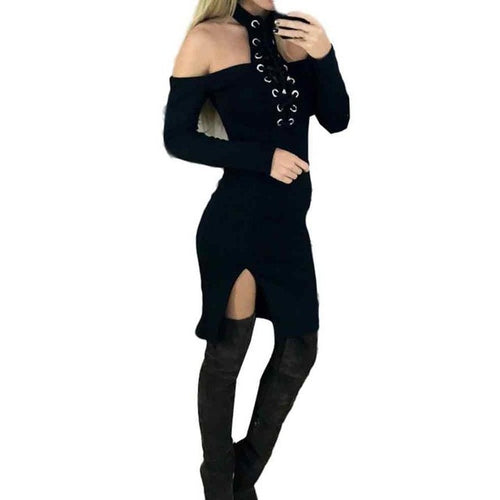 New Desgin Halter Lacing Up Sexy Dress Women Black Bandage Ladies Slim Bodycon Long Sleeve Club Party Mini Dresses #1214 GS