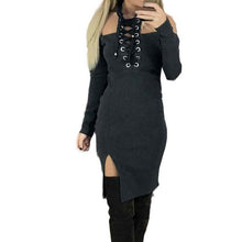 New Desgin Halter Lacing Up Sexy Dress Women Black Bandage Ladies Slim Bodycon Long Sleeve Club Party Mini Dresses #1214 GS