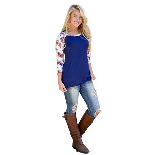 New Fashion   Casual Flower Print Patchwork Pullover Women Tops Long Sleeve O Neck Casual Women T-Shirt Female GS