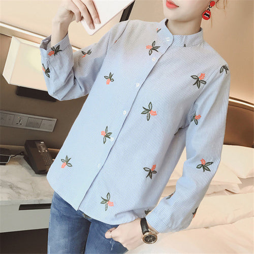 New Fashion  Elegant Summer Embroidery Shirt Women Striped Blouses Slim Woman Tops Full Sleeve Blusas 72595 GS
