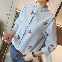 New Fashion  Elegant Summer Embroidery Shirt Women Striped Blouses Slim Woman Tops Full Sleeve Blusas 72595 GS