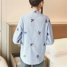 New Fashion  Elegant Summer Embroidery Shirt Women Striped Blouses Slim Woman Tops Full Sleeve Blusas 72595 GS