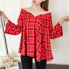New Fashion  Korean style Summer Plus Size Flare Sleeve Blouse V-Neck Red Plaid Shirt Sexy Casual Blusas Women Tops 72518 GS