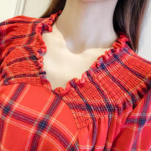 New Fashion  Korean style Summer Plus Size Flare Sleeve Blouse V-Neck Red Plaid Shirt Sexy Casual Blusas Women Tops 72518 GS