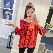 New Fashion  Korean style Summer Plus Size Flare Sleeve Blouse V-Neck Red Plaid Shirt Sexy Casual Blusas Women Tops 72518 GS