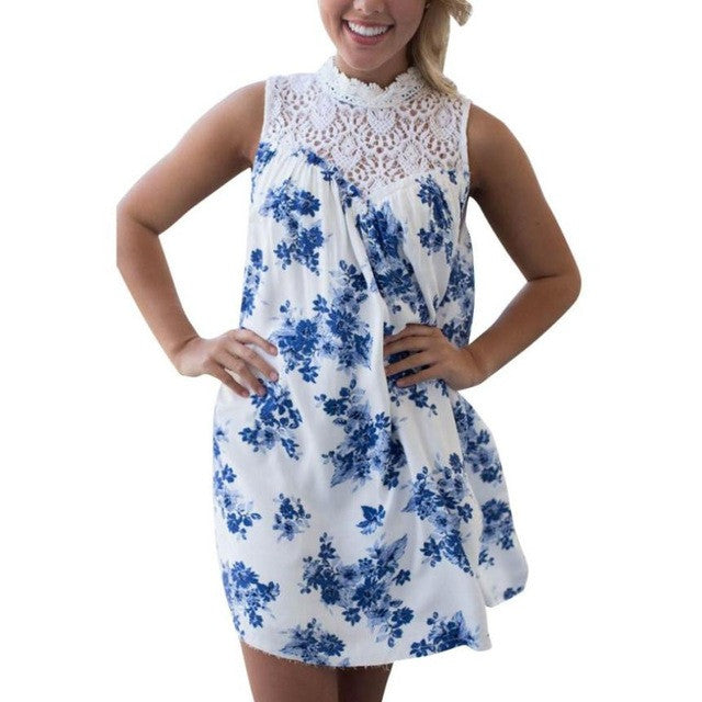 New Fashion   Dress Women's Elegant Lace Boho Sleeveless Floral Blue White Printed Casual Loose Beach Mini Dress #23 GS