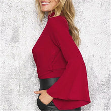New Fashion  Summer Waist Bow tie Shirt Women Blouses Sexy Woman Tops Full flare Sleeve Blusas Hanging neck Hollow Out GS
