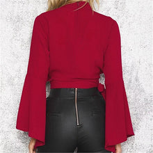 New Fashion  Summer Waist Bow tie Shirt Women Blouses Sexy Woman Tops Full flare Sleeve Blusas Hanging neck Hollow Out GS