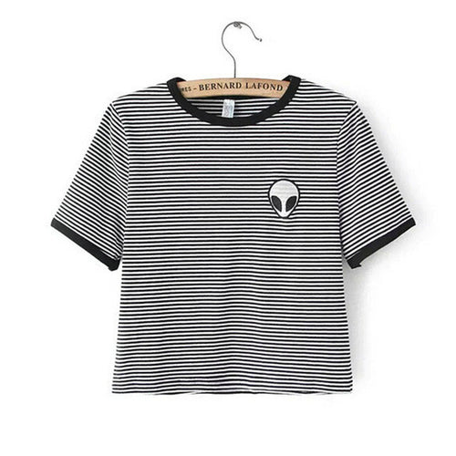 New Fashion European Style Women T-shirt  Summer O-neck Short Sleeve Embroidered Alien T Shirts Female Harajuku Tops 31405 GS