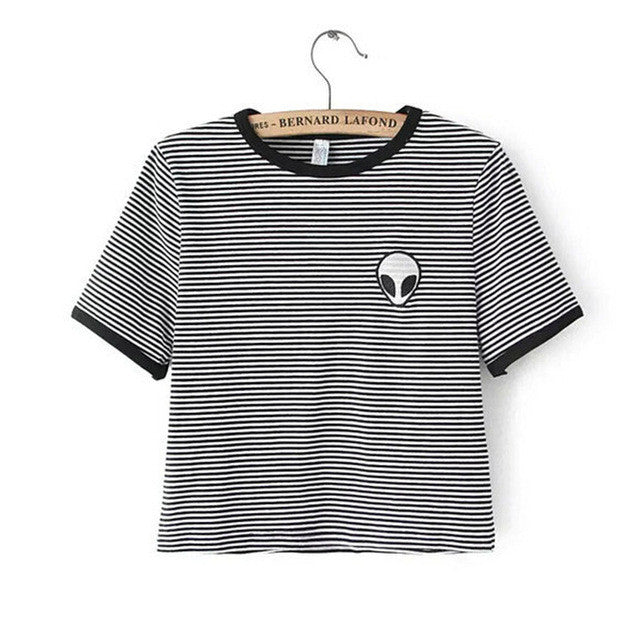 New Fashion European Style Women T-shirt  Summer O-neck Short Sleeve Embroidered Alien T Shirts Female Harajuku Tops 31405 GS