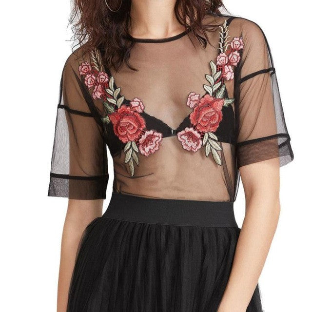 New Fashion Sexy Sheer Mesh Transparent  Tops Women Embroidery Floral Black Short Sleeve Applique Womens Blouses Clothes #52 GS