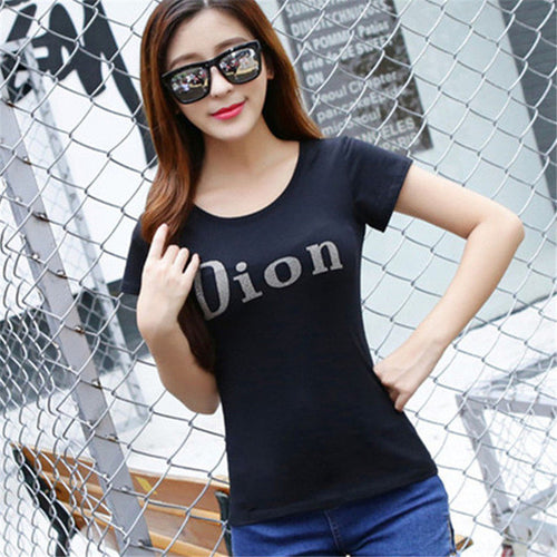 New Fashion Short Sleeve T-shirts Plus Size Female Letter Print T shirts Top O-neck Women Diamonds Bling t shirt 71843 GS