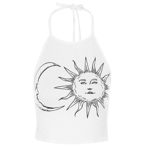 New Fashion  Cami Women's Sleeveless Halter Neck Sun Moon Print Tied Crop Tops Femmes Tank Top Women Cropped #8 GS