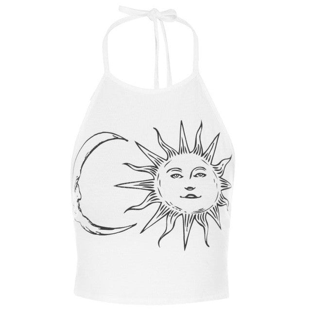 New Fashion  Cami Women's Sleeveless Halter Neck Sun Moon Print Tied Crop Tops Femmes Tank Top Women Cropped #8 GS