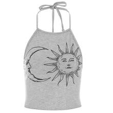 New Fashion  Cami Women's Sleeveless Halter Neck Sun Moon Print Tied Crop Tops Femmes Tank Top Women Cropped #8 GS