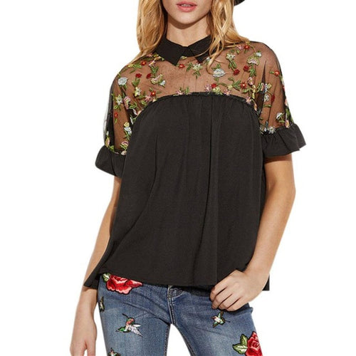 New Fashion T Shirt Woman  Embroidered Flower Lace Sheer Turn-down Tie Back Short Sleeve Tops Women Poleras De Mujer #416 GS