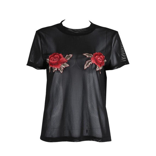 New Fashion T-shirt Short Sleeve O Neck Embroidered Floral Sexy Transparent Tee Shirt Femme camisetas mujer verano Black #63 GS