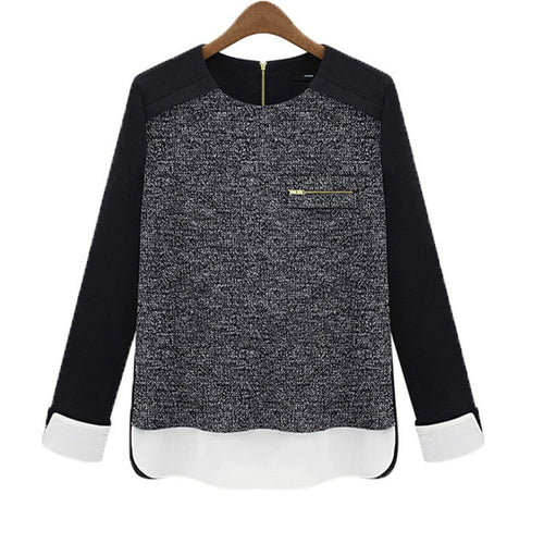 New Fashion Women Blouses Chiffon Knitted Patchwork Long Sleeve Thick Shirt Blusas Femininas Plus size Tops 70065 GS