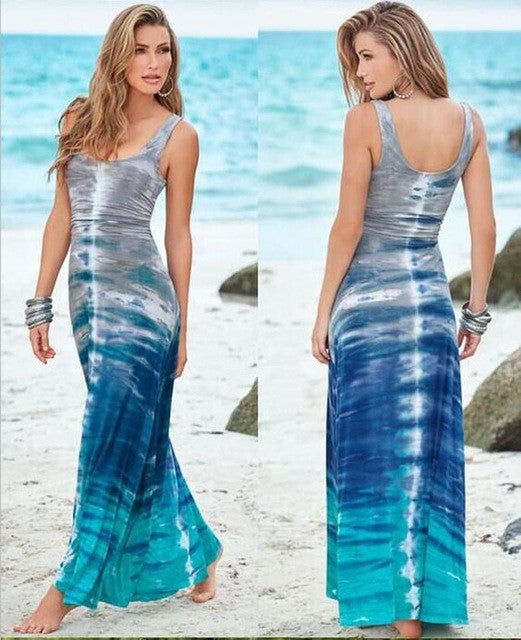 New Fashion Women Long Beach Dress Sleeveless Print Bodycon Stretch  Maxi Ladies Dreses Vestidos  Robe Longue Femme GS