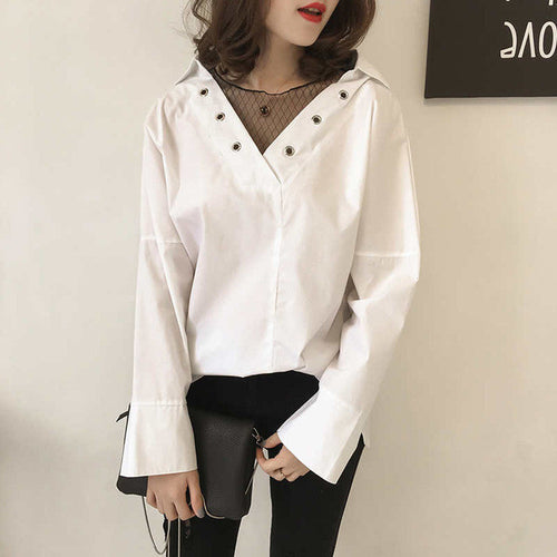 New Plus Size Woman Tops  Summer Sexy Gauze V-neck Patckwork Hollow Out Blouses Long Sleeve Loose White Shirt S-4XL 33011 GS