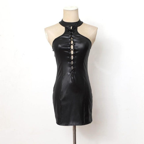 New Sexy Club Wear Womens Dresses Patent Leather Halter Neck Bandage Bodycon Mini Dress Fashion Backless Ladies Dresses  #43 GS