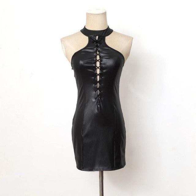 New Sexy Club Wear Womens Dresses Patent Leather Halter Neck Bandage Bodycon Mini Dress Fashion Backless Ladies Dresses  #43 GS