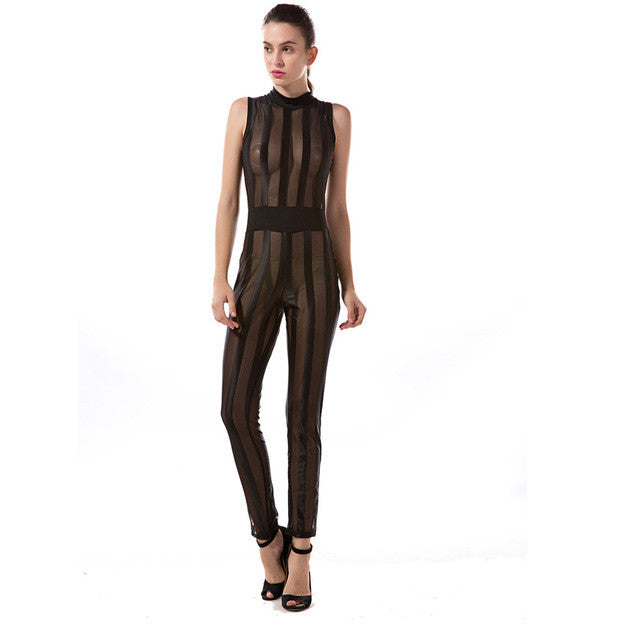 New Striped Long Pants Jumpsuits Rompers Women Sleeveless Net Yarn Sexy Transparent Slim Overallls Female combinaison femme #43 GS