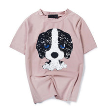 New Woman Pure T-shirts  Summer Kitten Gog Sequins Decoratio Short Sleeves Tops Tee Female O-neck loose T-shirt 33021 GS