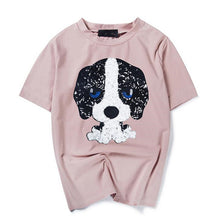 New Woman Pure T-shirts  Summer Kitten Gog Sequins Decoratio Short Sleeves Tops Tee Female O-neck loose T-shirt 33021 GS