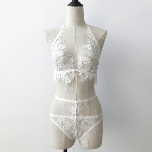 New Women Bandage Lace Push Up Corset Crop Top Women Halter Neck Backless Sexy 1PC Crop Tops +1PC Underwear Set Black/White #23 GS