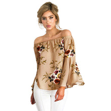 New Women Blouses Flare Sleeve Slash Neck Off Shoulder Shirts Women Floral Print Casual Long Sleeve Irregular Tops Ladies #63 GS