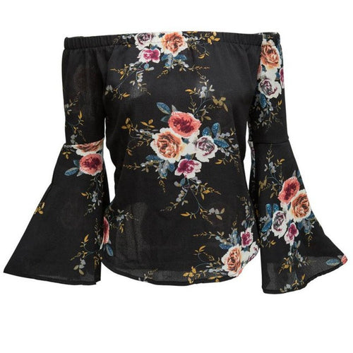 New Women Blouses Flare Sleeve Slash Neck Off Shoulder Shirts Women Floral Print Casual Long Sleeve Irregular Tops Ladies #63 GS