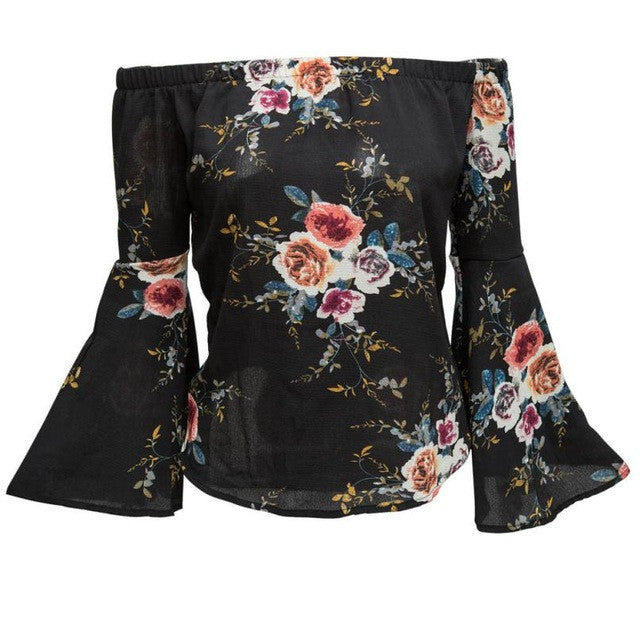 New Women Blouses Flare Sleeve Slash Neck Off Shoulder Shirts Women Floral Print Casual Long Sleeve Irregular Tops Ladies #63 GS