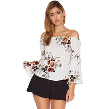 New Women Blouses Flare Sleeve Slash Neck Off Shoulder Shirts Women Floral Print Casual Long Sleeve Irregular Tops Ladies #63 GS
