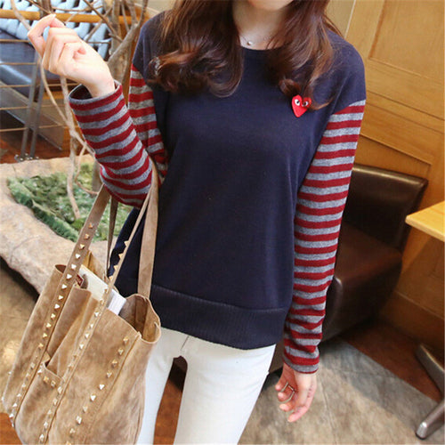 New Women Cloth T-shirts Striped Patchwork Cotton Women Long Sleeve T shirt O-Neck Classical Female Tops Casual Brand Tees 31964 GS