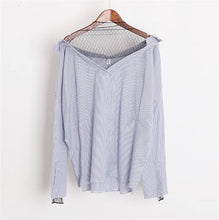 New Women Shirt  Fashion Long Sleeves Tops Strapless Grid Gauze Patckwork Blouses Ladies Loose Stripe Tops Shirt 33050 GS
