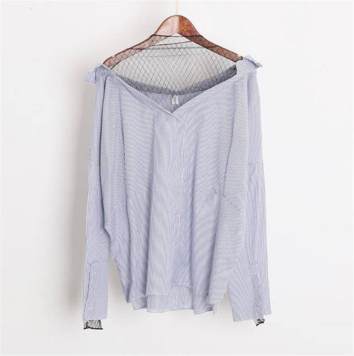 New Women Shirt  Fashion Long Sleeves Tops Strapless Grid Gauze Patckwork Blouses Ladies Loose Stripe Tops Shirt 33050 GS