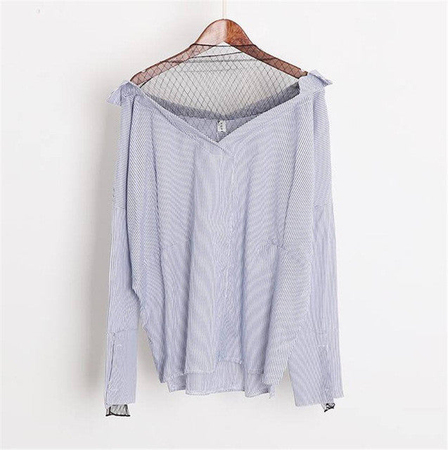 New Women Shirt  Fashion Long Sleeves Tops Strapless Grid Gauze Patckwork Blouses Ladies Loose Stripe Tops Shirt 33050 GS