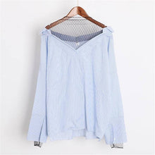 New Women Shirt  Fashion Long Sleeves Tops Strapless Grid Gauze Patckwork Blouses Ladies Loose Stripe Tops Shirt 33050 GS
