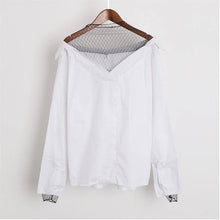 New Women Shirt  Fashion Long Sleeves Tops Strapless Grid Gauze Patckwork Blouses Ladies Loose Stripe Tops Shirt 33050 GS