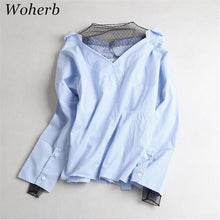 New Women Shirt  Fashion Long Sleeves Tops Strapless Grid Gauze Patckwork Blouses Ladies Loose Stripe Tops Shirt 33050 GS