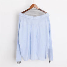 New Women Shirt  Fashion Long Sleeves Tops Strapless Grid Gauze Patckwork Blouses Ladies Loose Stripe Tops Shirt 33050 GS