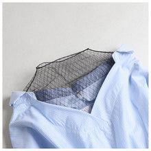 New Women Shirt  Fashion Long Sleeves Tops Strapless Grid Gauze Patckwork Blouses Ladies Loose Stripe Tops Shirt 33050 GS