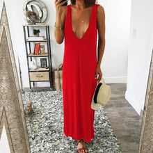 New Women  Sleeveless Deep V Neck Dress For Women Solid Long Maxi Casual Loose Beach Style Ladies Dress  vestidos #23 GS