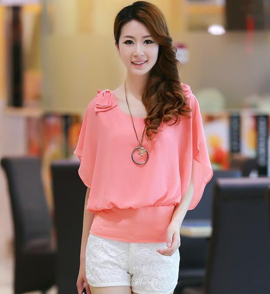 New Women Tops Fashion Batwing Short Sleeve Solid Color Women Chiff Blouses Casual Wild Women Blouses 71161 GS