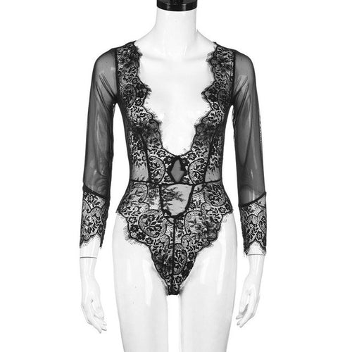 Nightwear Sexy Lace Mesh Bodysuits Womens Slim Black Deep V Neck Underwear Overalls Babydoll Lace Women Lingerie Bodysuit #43 GS